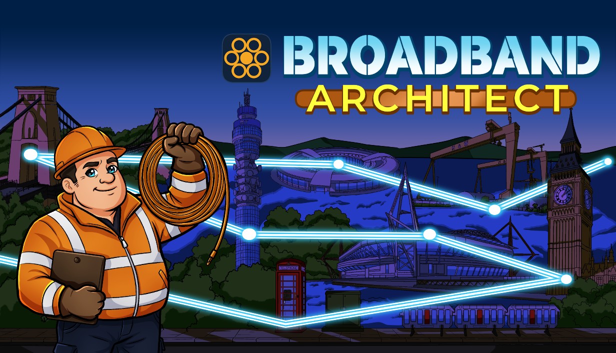 Key art: the engineer with a coil of fibre in front of a British skyline