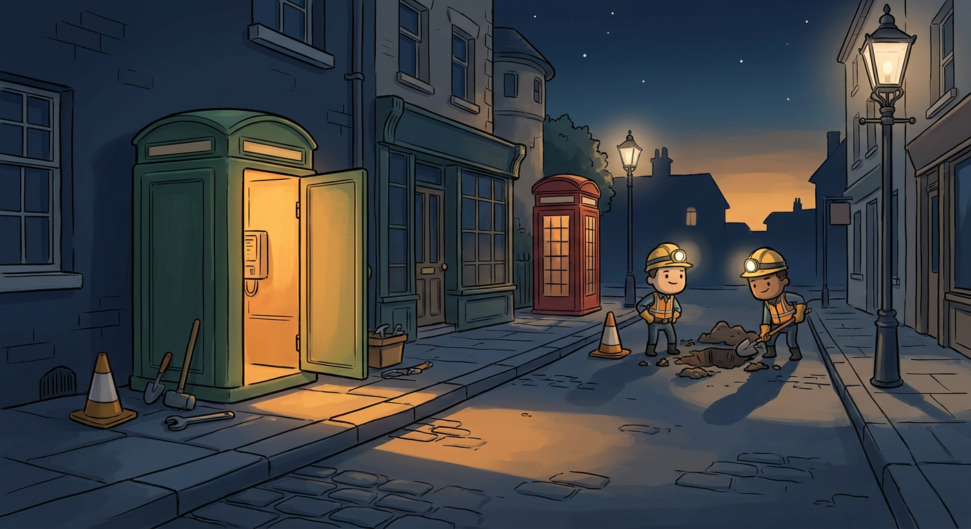 A green street cabinet glowing at dusk beside a red phone box, two engineers digging up the street