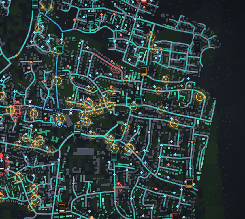 A fully built town network at night — every street lit with fibre