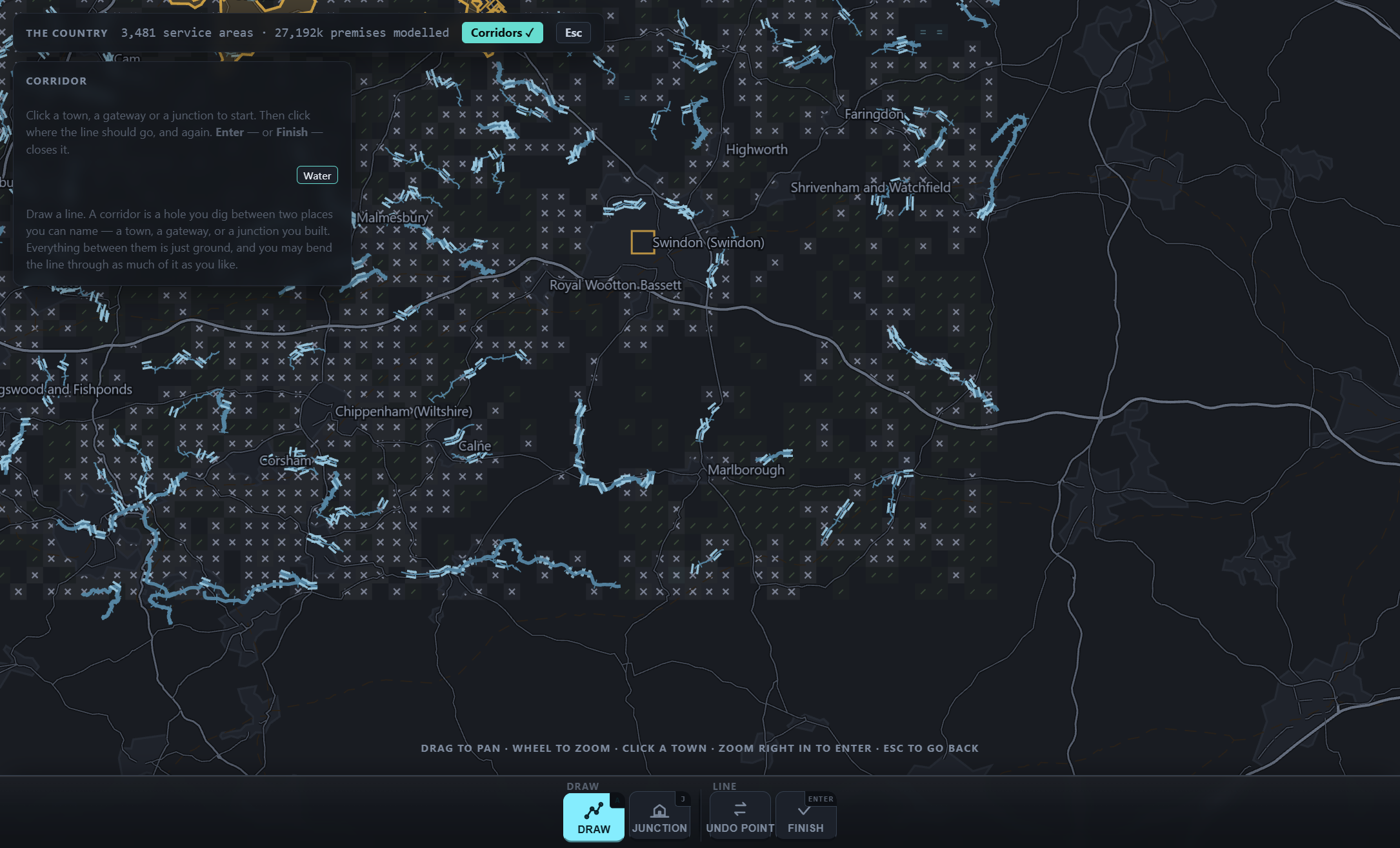 The country map — routing a backbone corridor across Gloucestershire